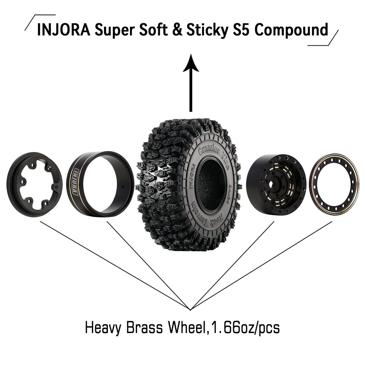 INJORA tread blocks and sipes detail for grip on uneven terrain.