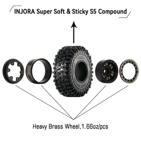 INJORA tread blocks and sipes detail for grip on uneven terrain.