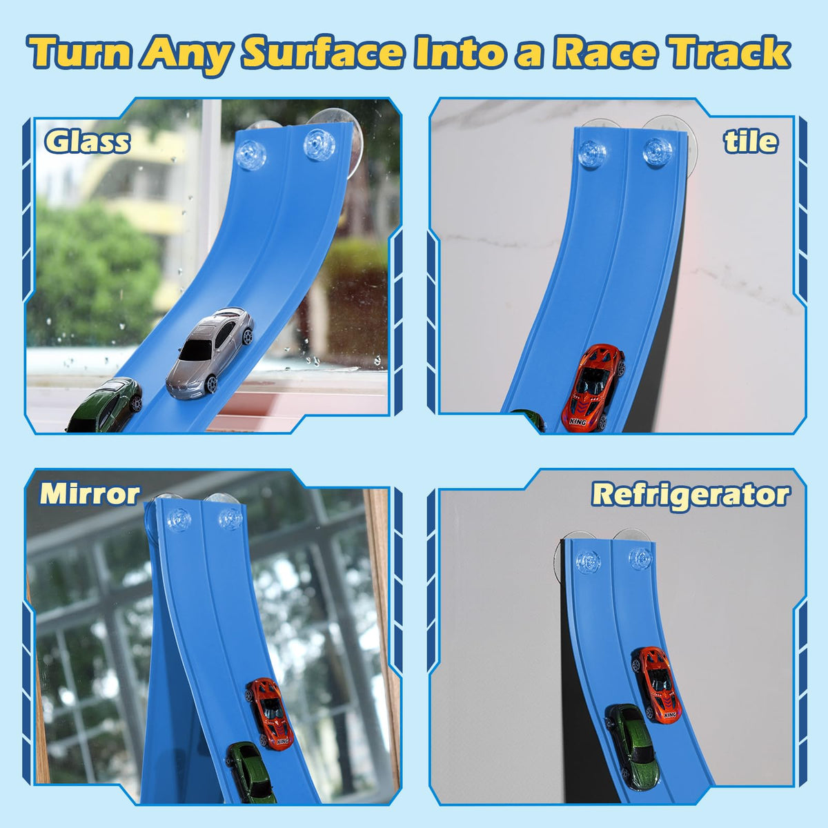 INKZOO track on a wall for vertical racing with strong suction cups