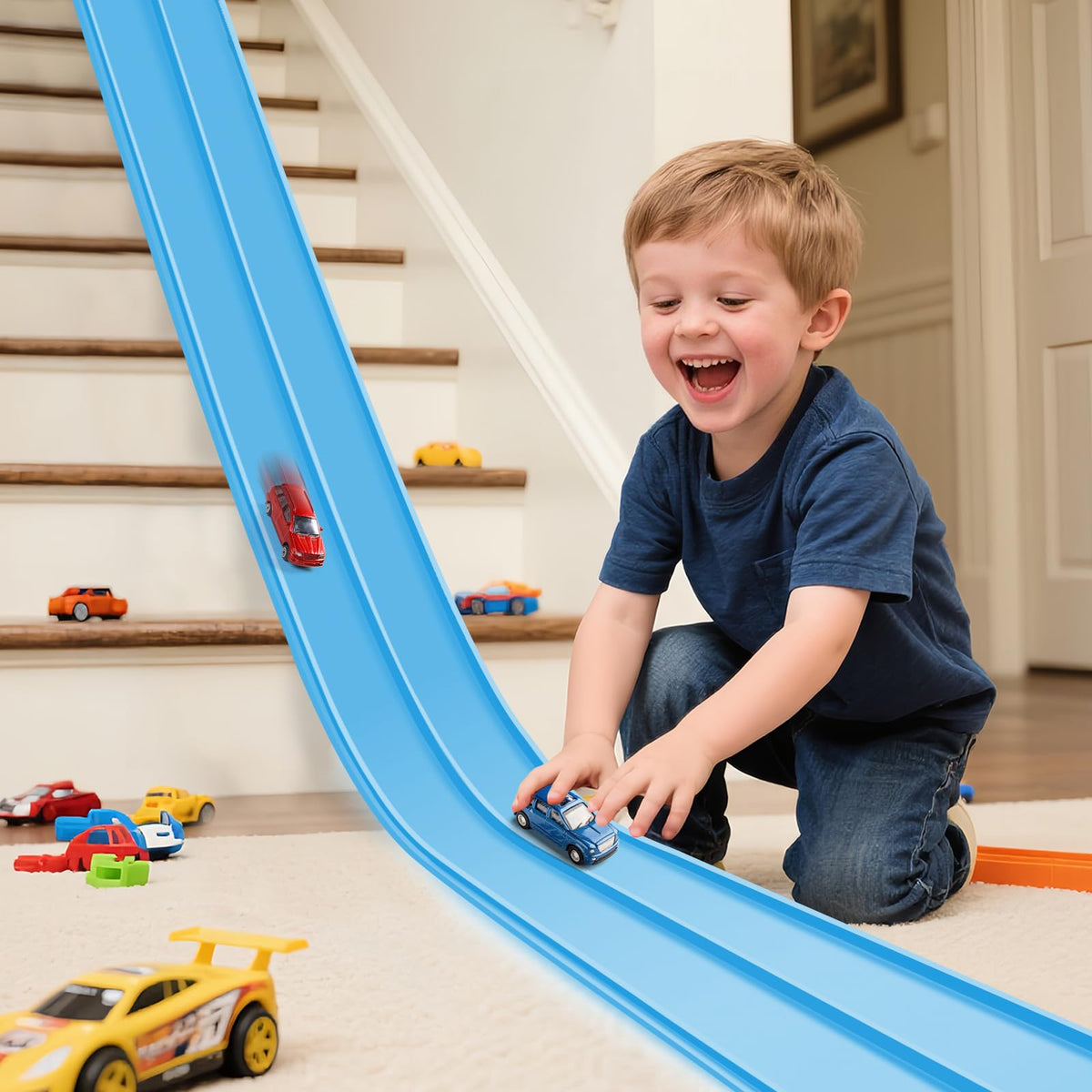 INKZOO flexible race track setup showing a 15ft indoor layout for kids' play
