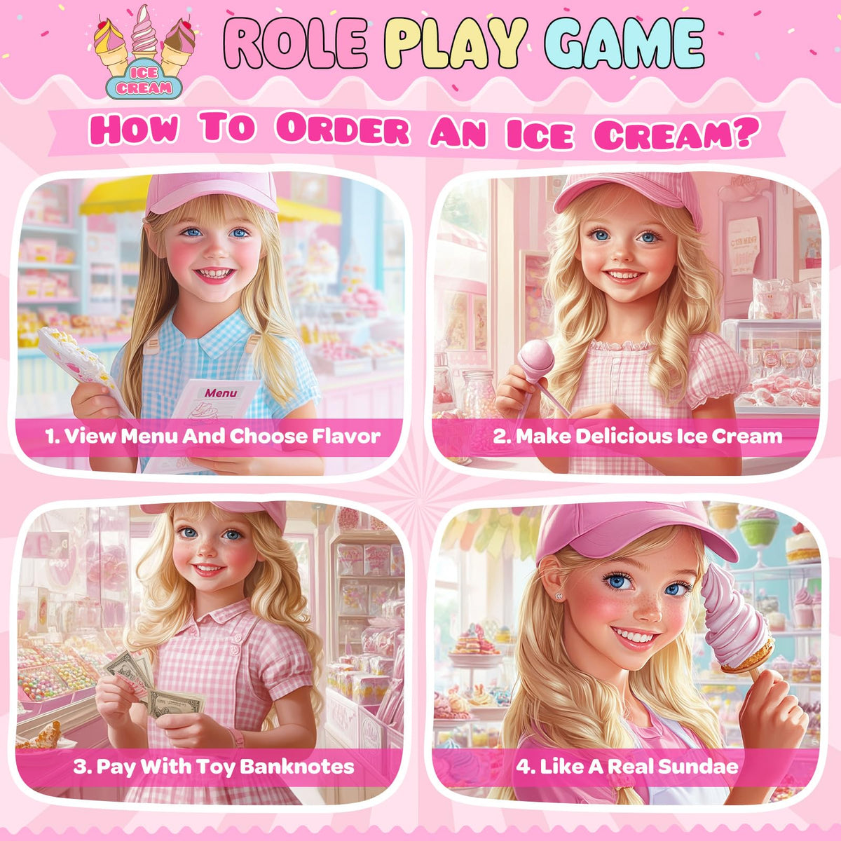 Display stands organizing an engaging ice cream shop setup