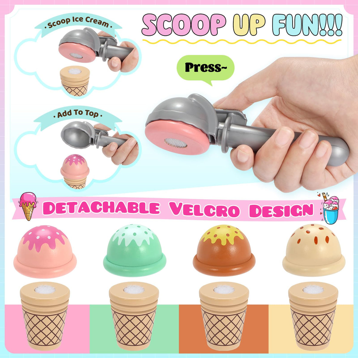 Wooden ice cream cones for pretend treats and fine motor play