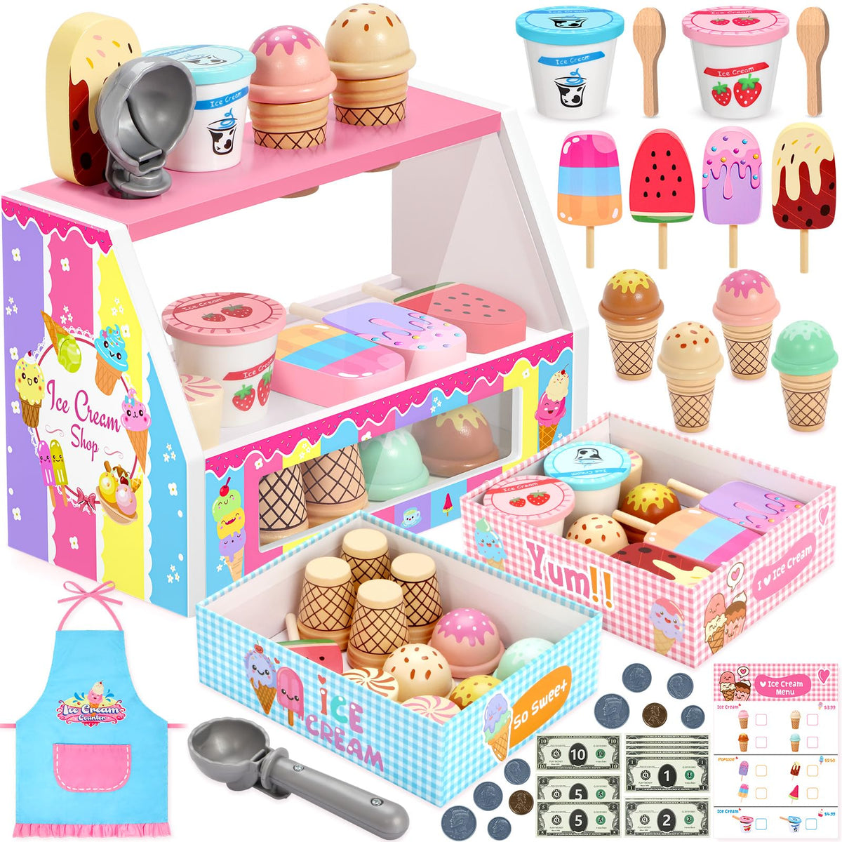 INNOCHEER wooden ice cream counter for kids, ideal for pretend shop play