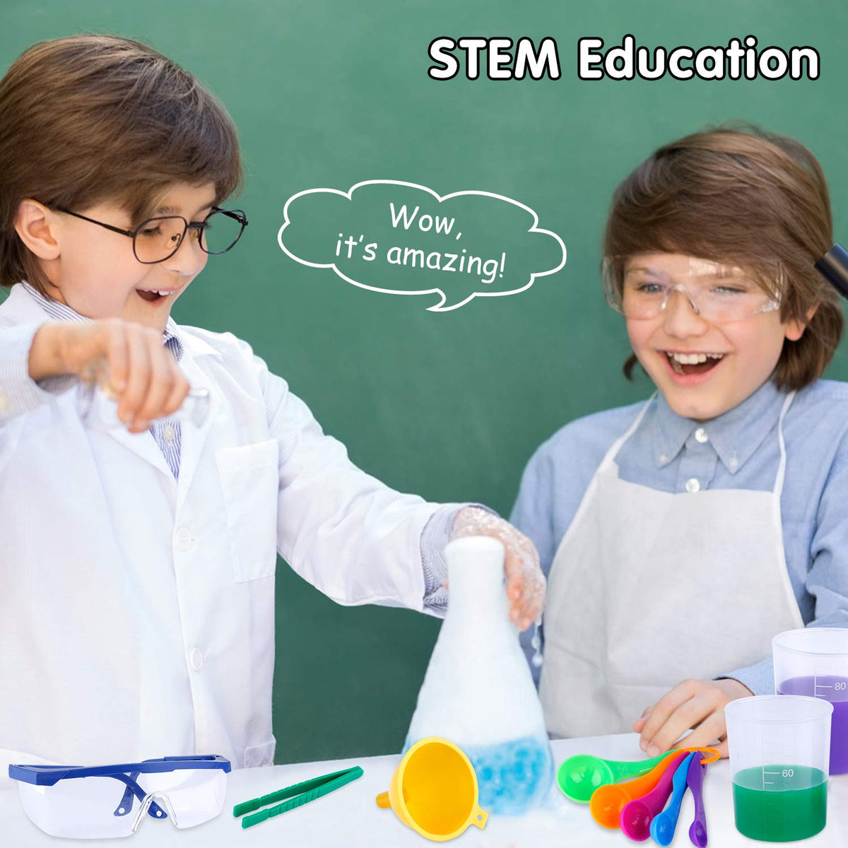Safety glasses and magnifier promote careful observation during play.