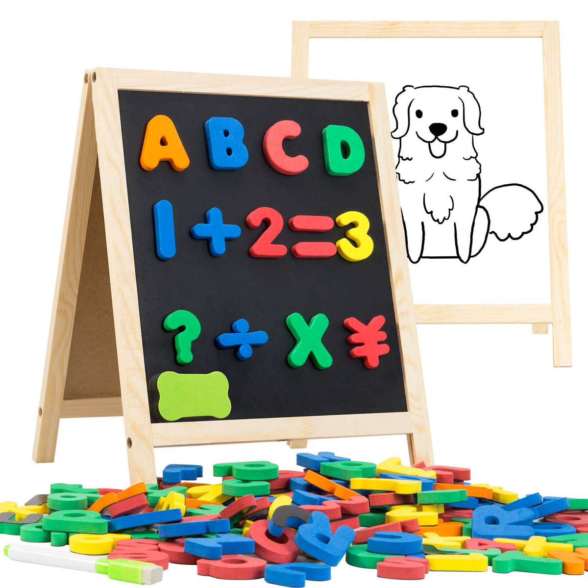 INNOCHEER magnetic letters and numbers on a toddler board, ideal for early vocabulary exploration.
