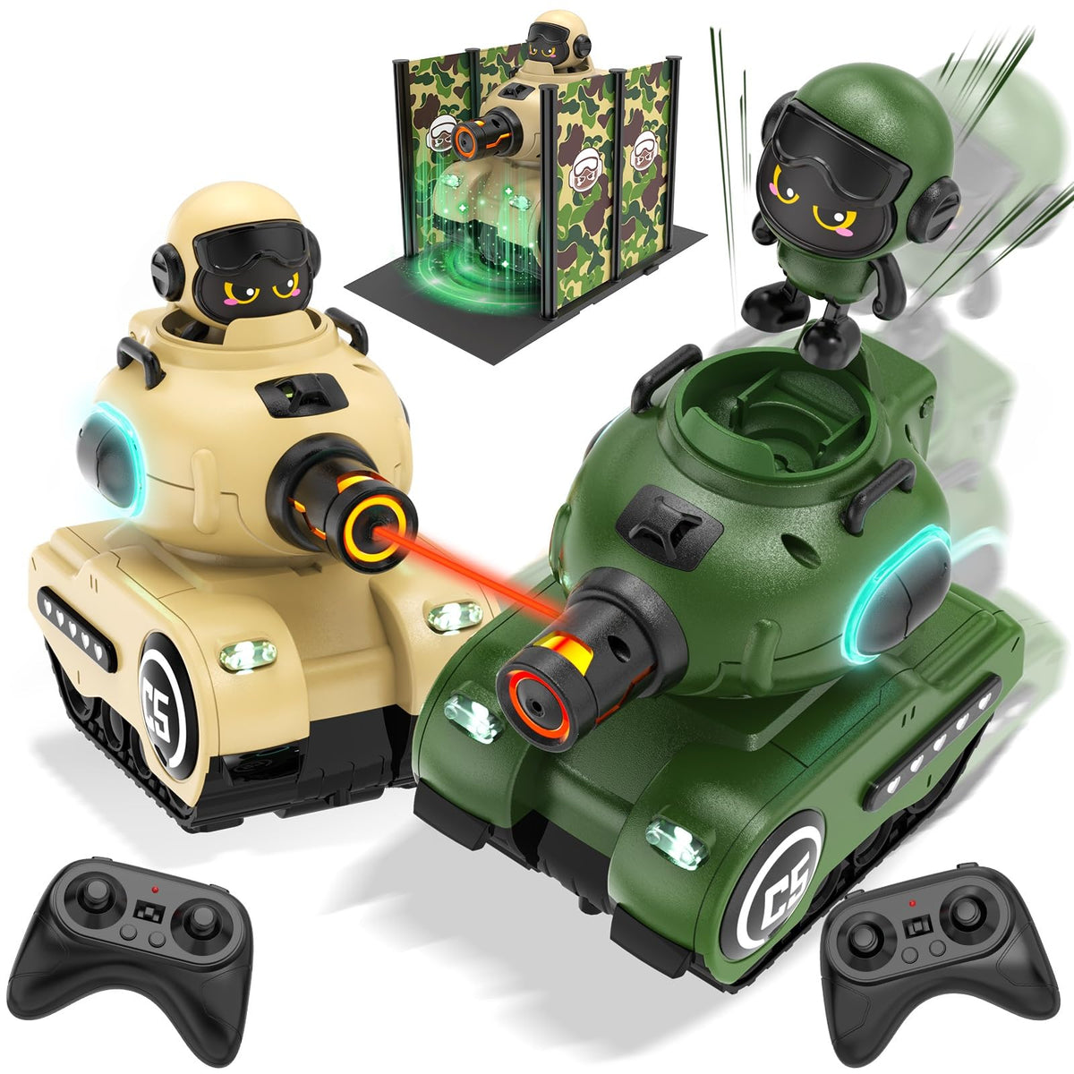 Innofans 2-pack RC battle tanks with laser tag in action for kids.