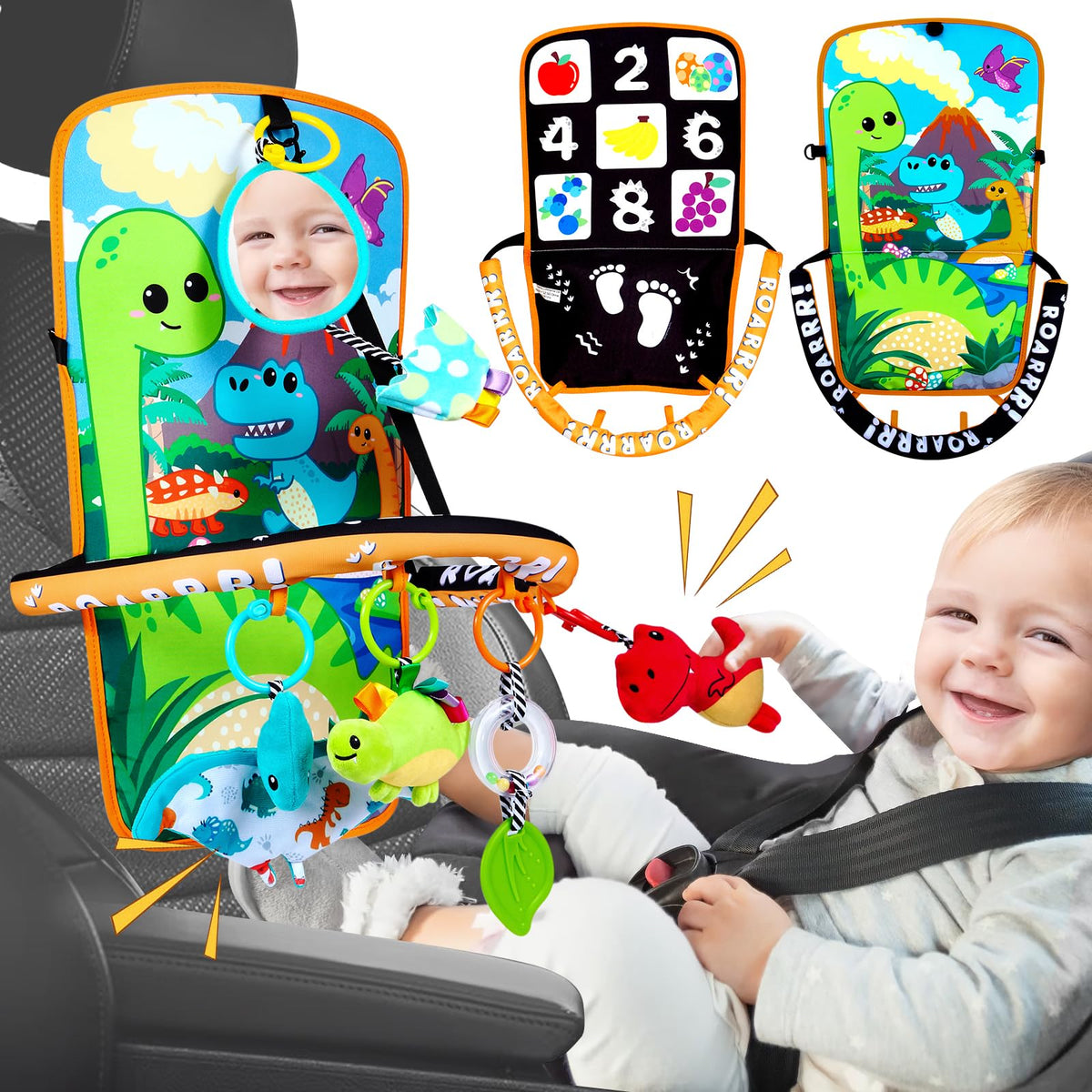 Innofans baby car seat dinosaurs kick-play engages little explorers during rides.