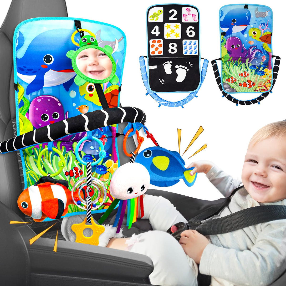 Innofans Ocean Animals Toys for baby car seat main view showing plush animals and mirror