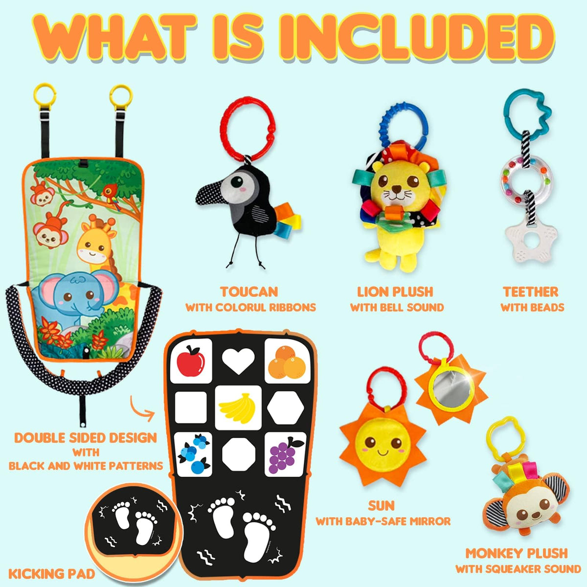 Innofans Kick and Play Toy Teether promotes grasping and soothing teething on the go.
