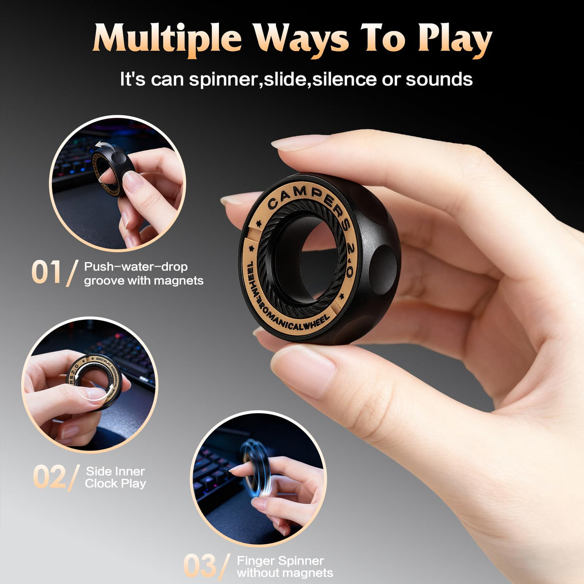 INNÔPLUS fidget spinner brass accents highlight two-tone exterior.
