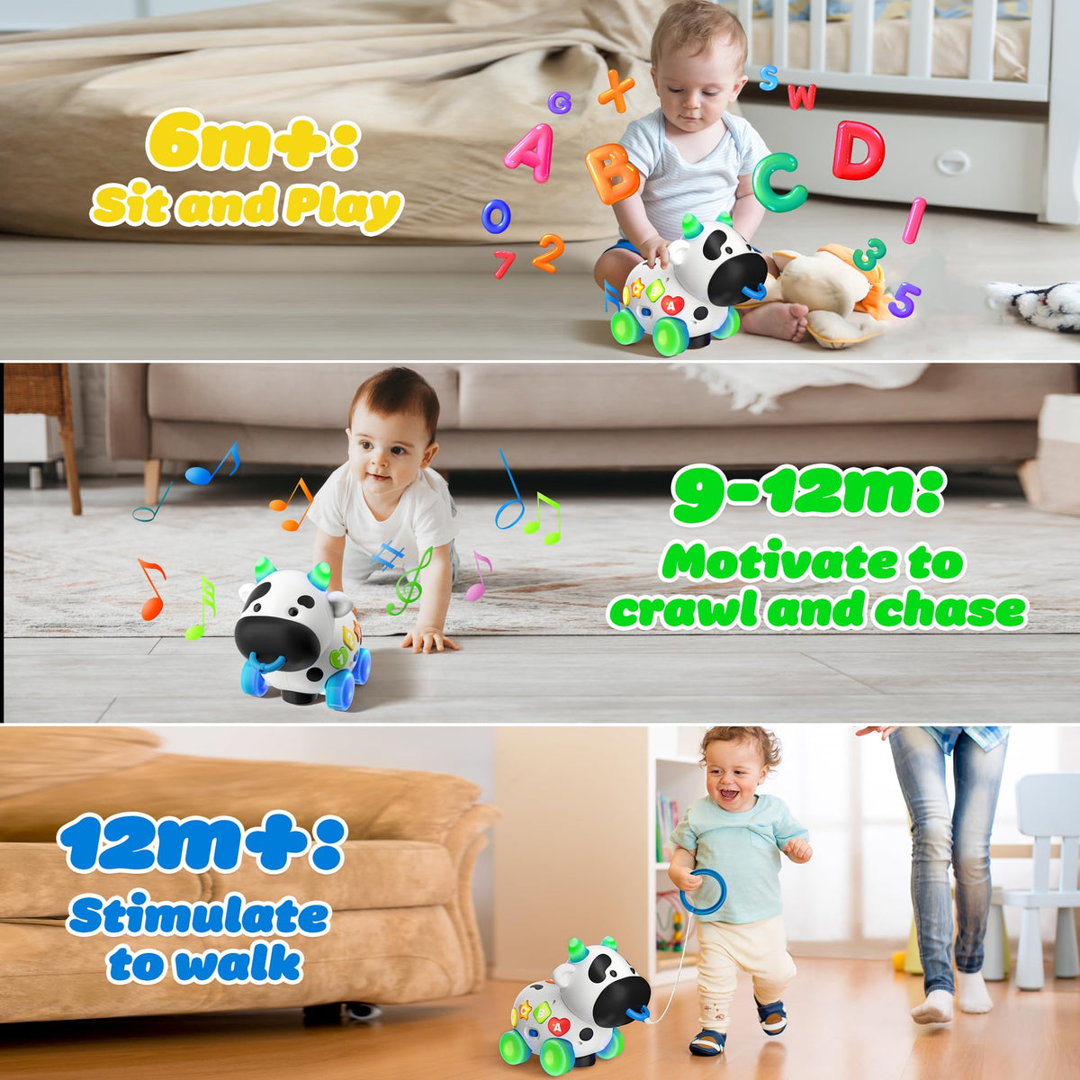 Innosky Musical Cow toy displays bright lights and playful melodies during play.