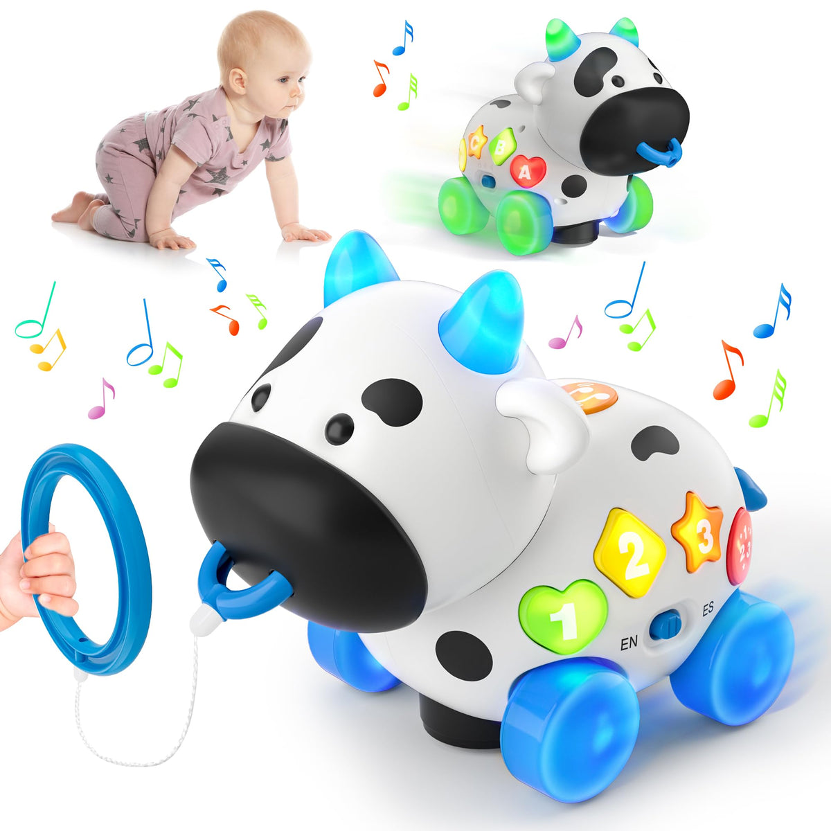 Innosky Musical Cow toy promotes crawling with pull action and bright colors.