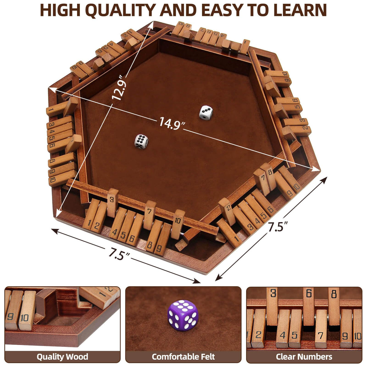 INNOVJOPRO Shut the Box dice closeup highlights high-definition dice.