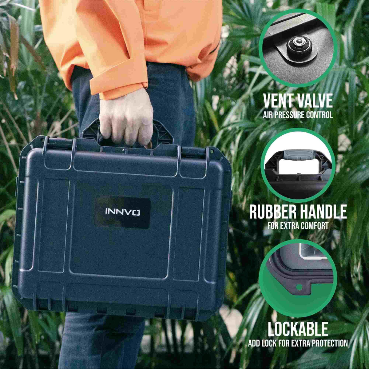INNVO mesh pocket stores cables and memory cards securely