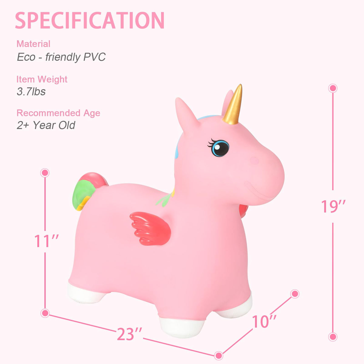 INPANY unicorn bouncy horse side view—encourage active indoor outdoor play.