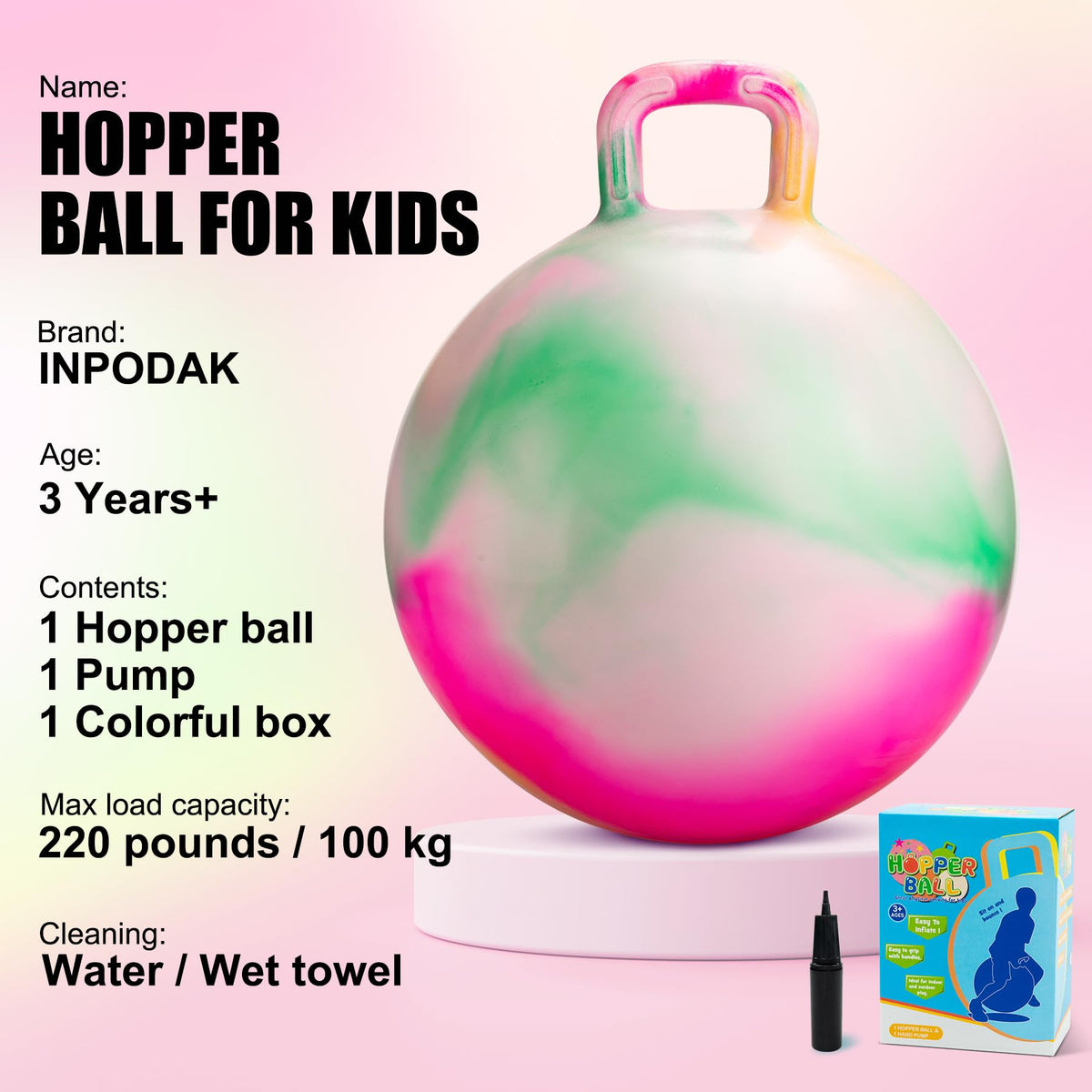 Close up of the sturdy handle on the INPODAK Hopper Ball for secure bouncing