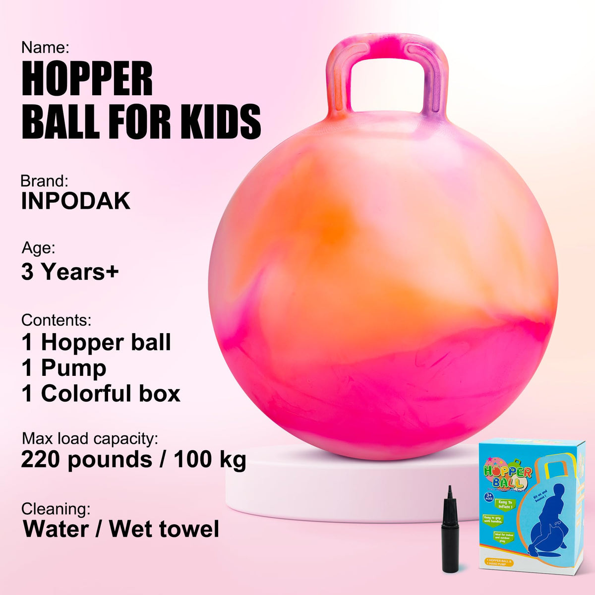 INPODAK Hopper Ball handle provides secure grip for safe bouncing.