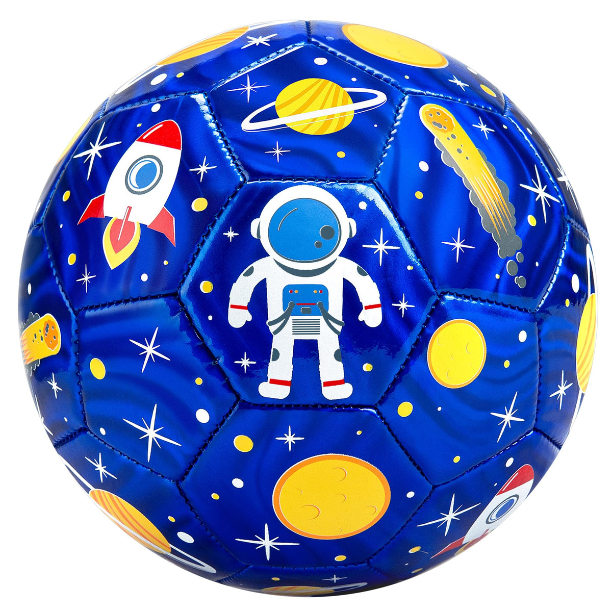 INPODAK Size 3 soccer ball with astronaut blue design shines in sunlight for outdoor play.