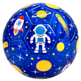 INPODAK Size 3 soccer ball with astronaut blue design shines in sunlight for outdoor play.
