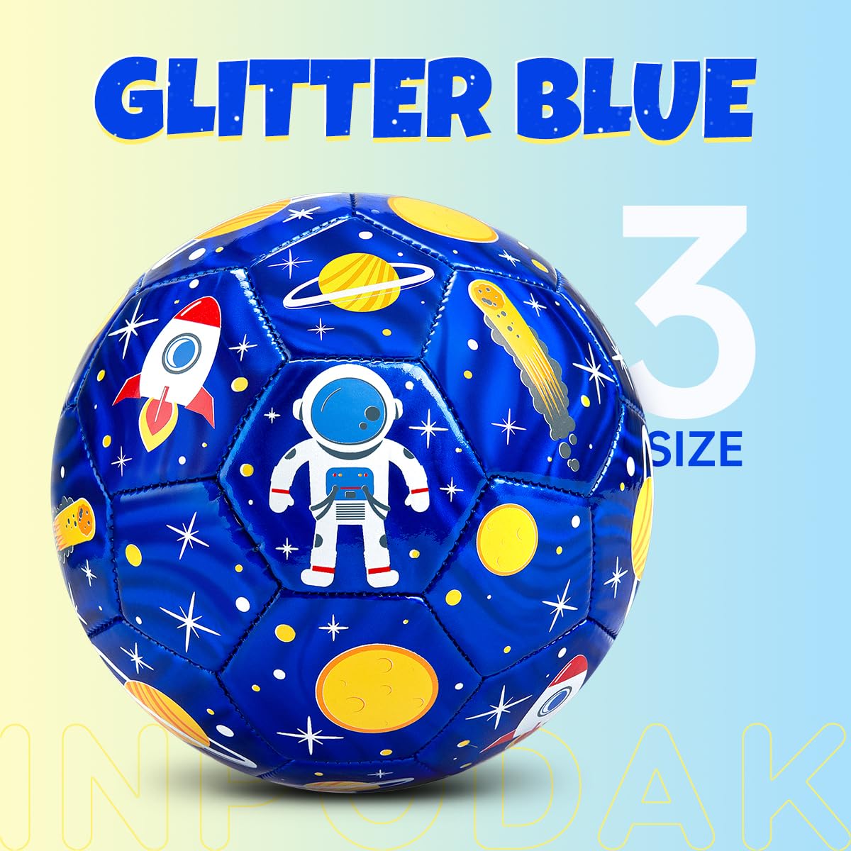 INPODAK Size 3 soccer ball astronaut blue side view highlights durable stitching.