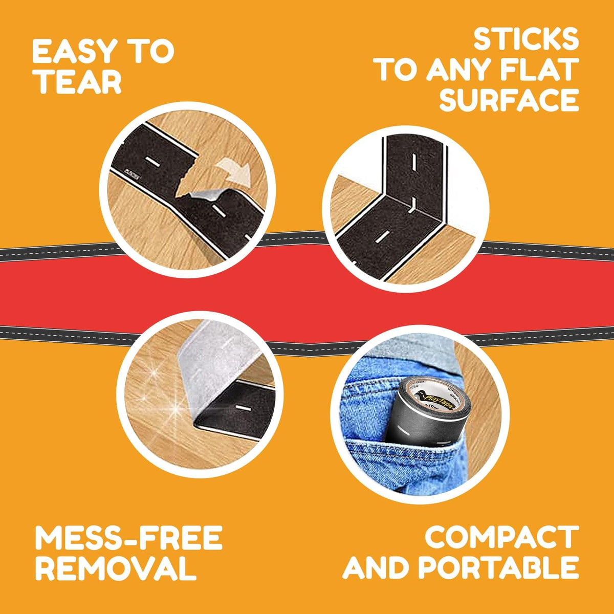 InRoad Toys PlayTape leaves no residue when removed from surfaces.