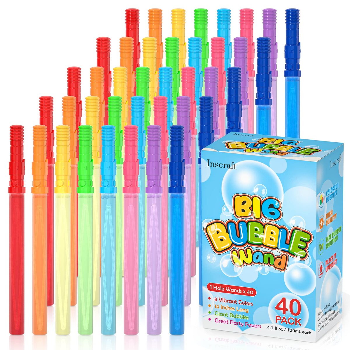 INSCRAFT 40-pack bubble wands with 14-inch handles for long-lasting outdoor bubbles