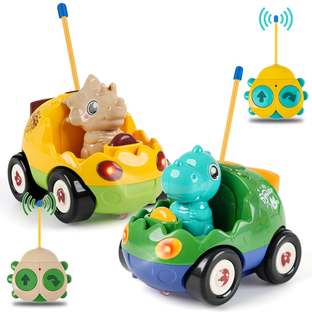 INSFUN remote control dinosaur car front view with LED lights for interactive play
