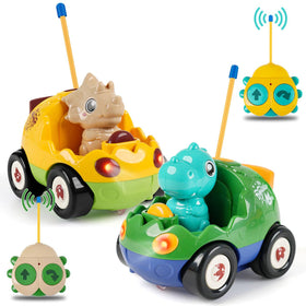 INSFUN remote control dinosaur car front view with LED lights for interactive play