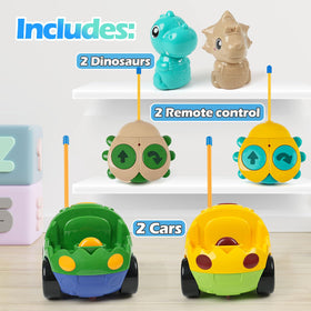 INSFUN remote control dinosaur car side view showing easy steering on smooth wheels