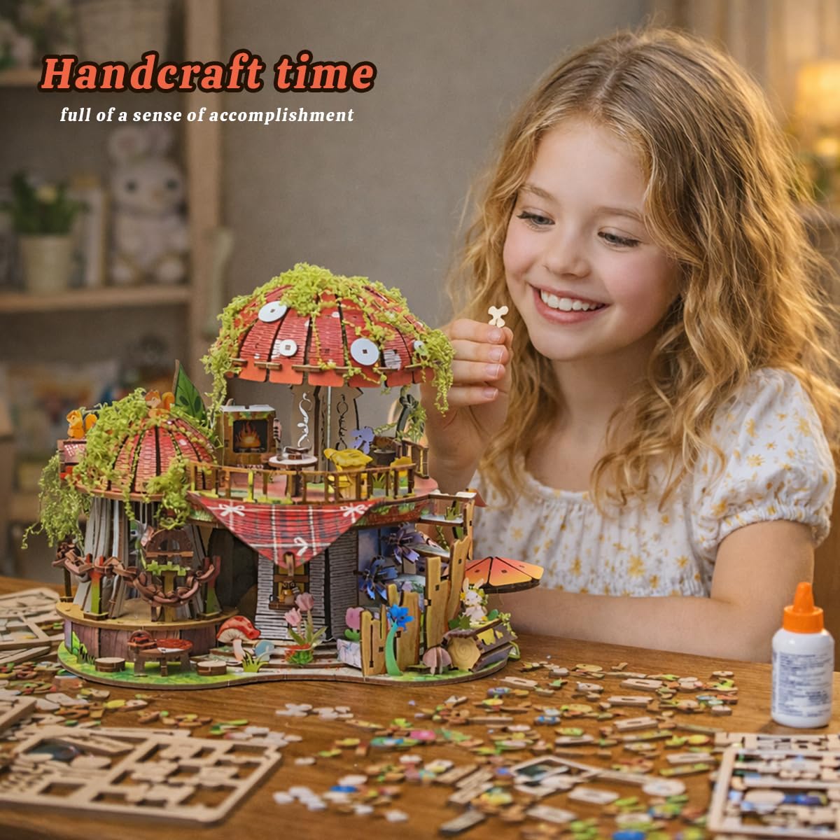 Mushroom furniture in Insgen dollhouse kit on wood shelf