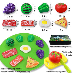 Inslat pretend fruits with plastic knife support fine motor skills.