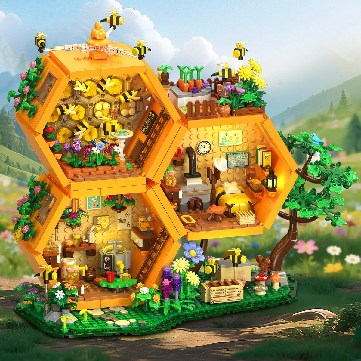INSOON Bee Farm House tree trunk base sturdy support for long-lasting display and play.
