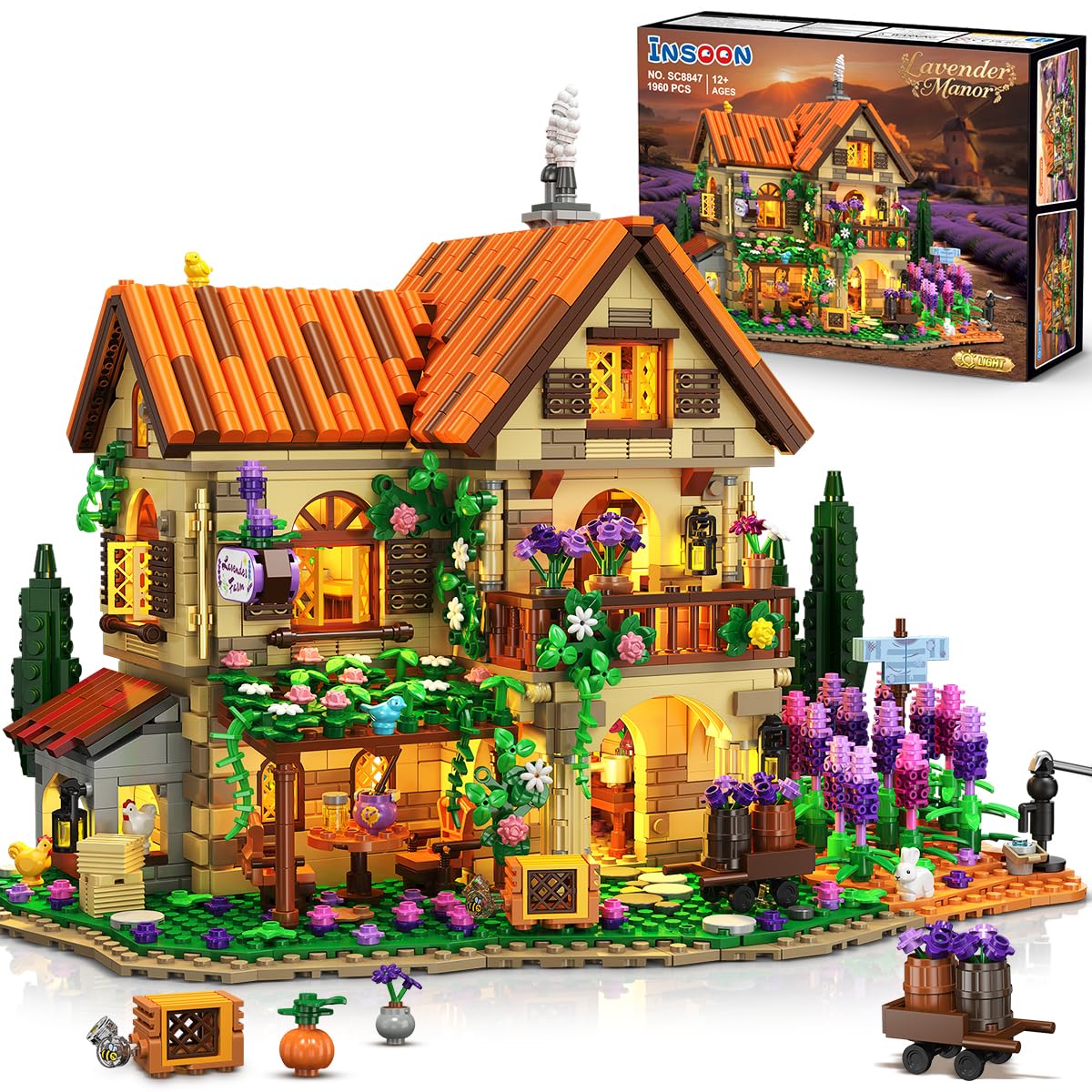INSOON Lavender Manor House with lights, lavender estate display and ambiance