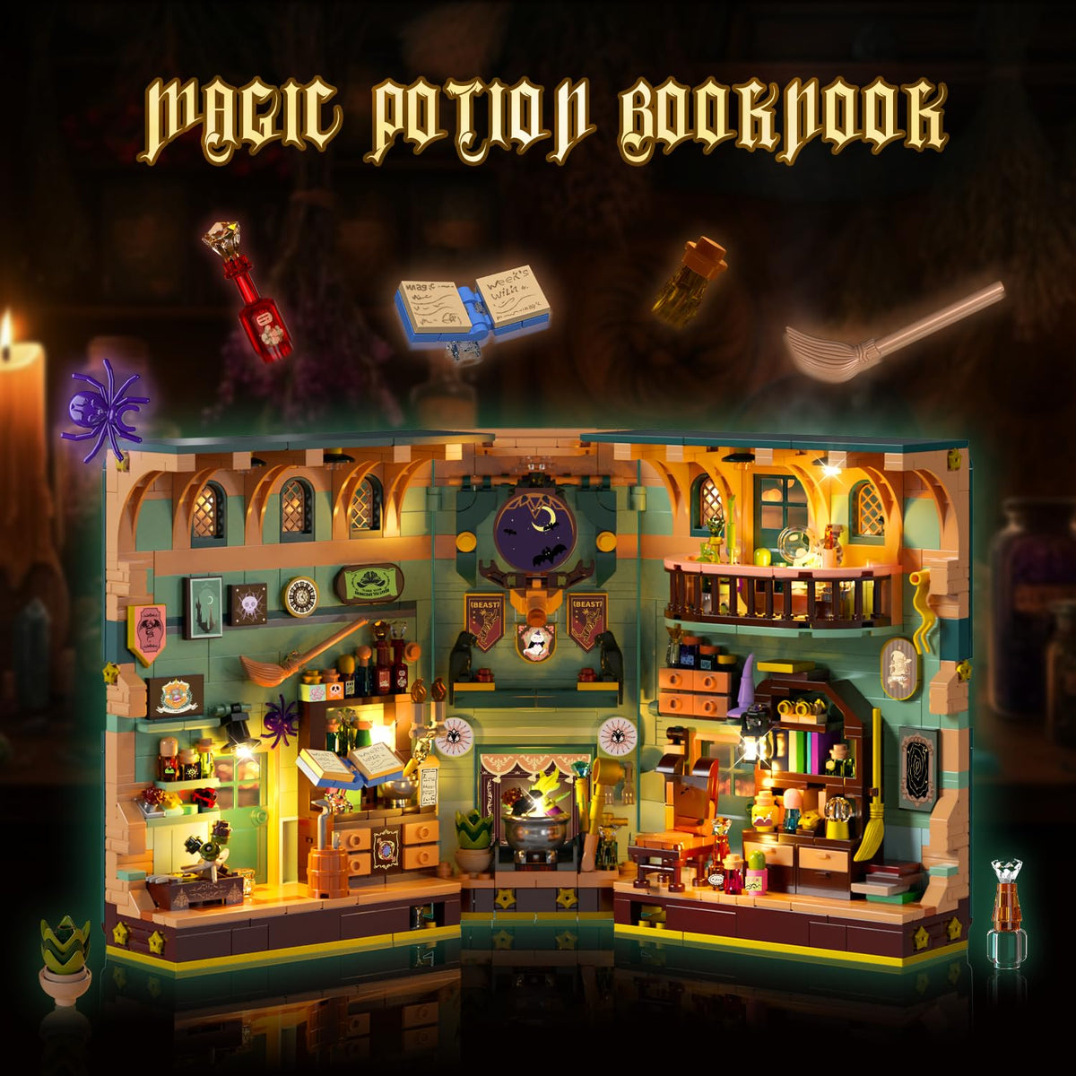 INSOON Magic Potion Book Nook warm light highlights details for cozy shelf display