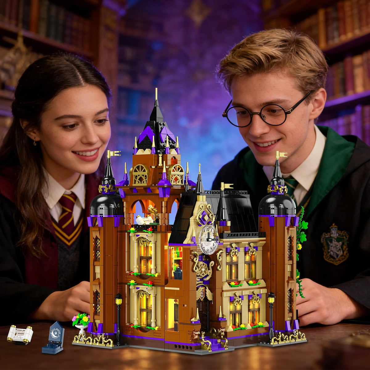 INSOON Magic School Night Lighting highlights fine details for nighttime ambience.
