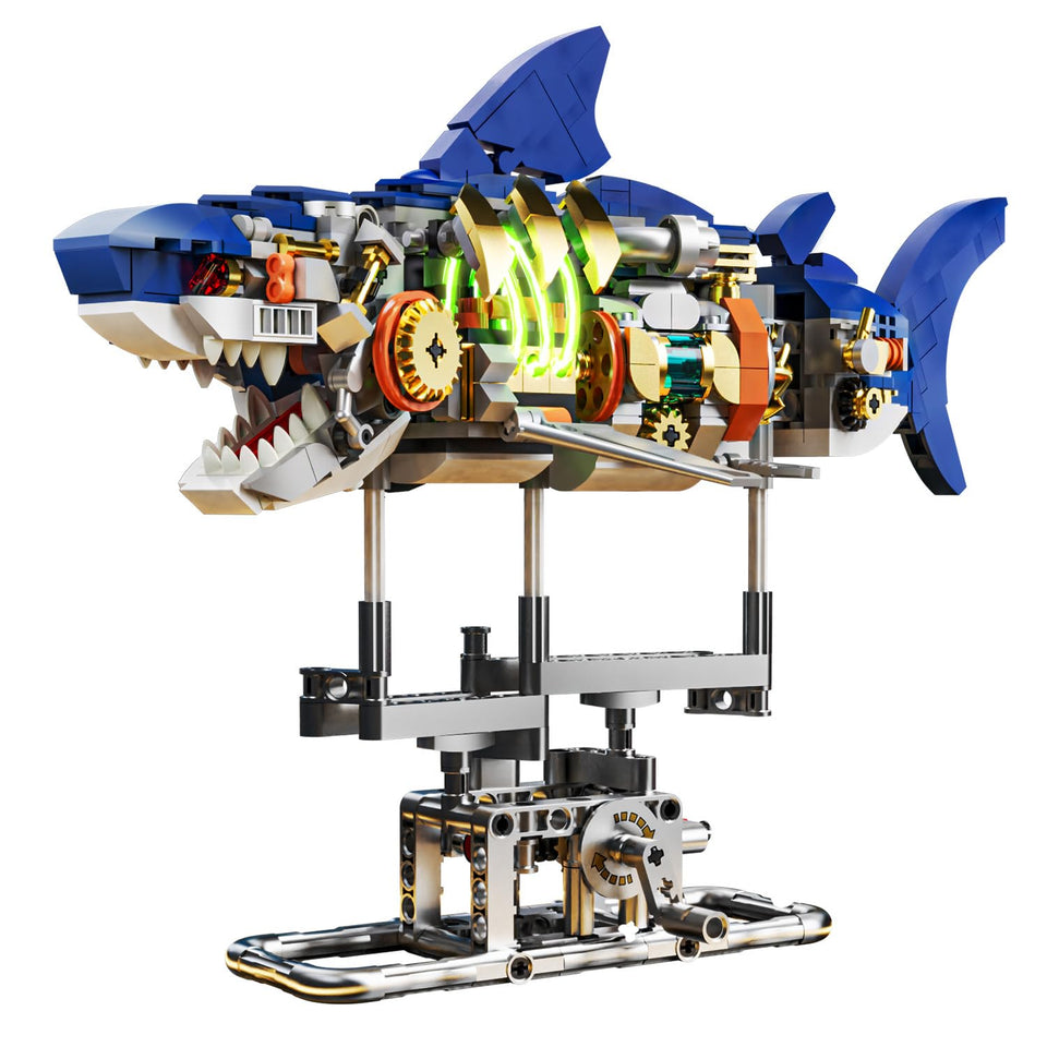 INSOON mechanical shark head with LED light for dynamic desk display.