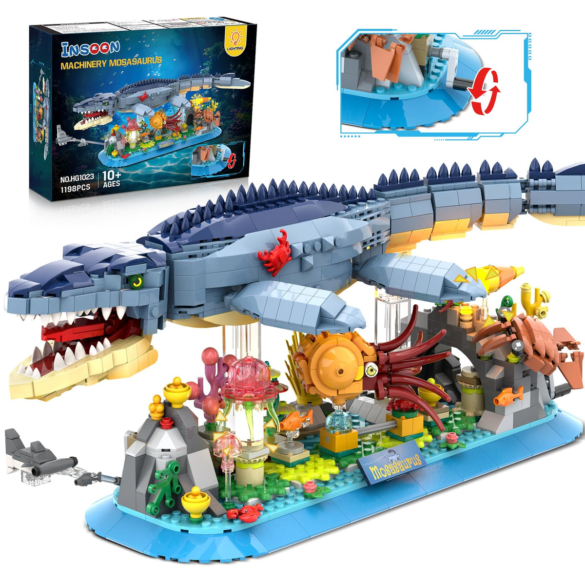 INSOON Mosasaurus building set with LED light enhances shelf display