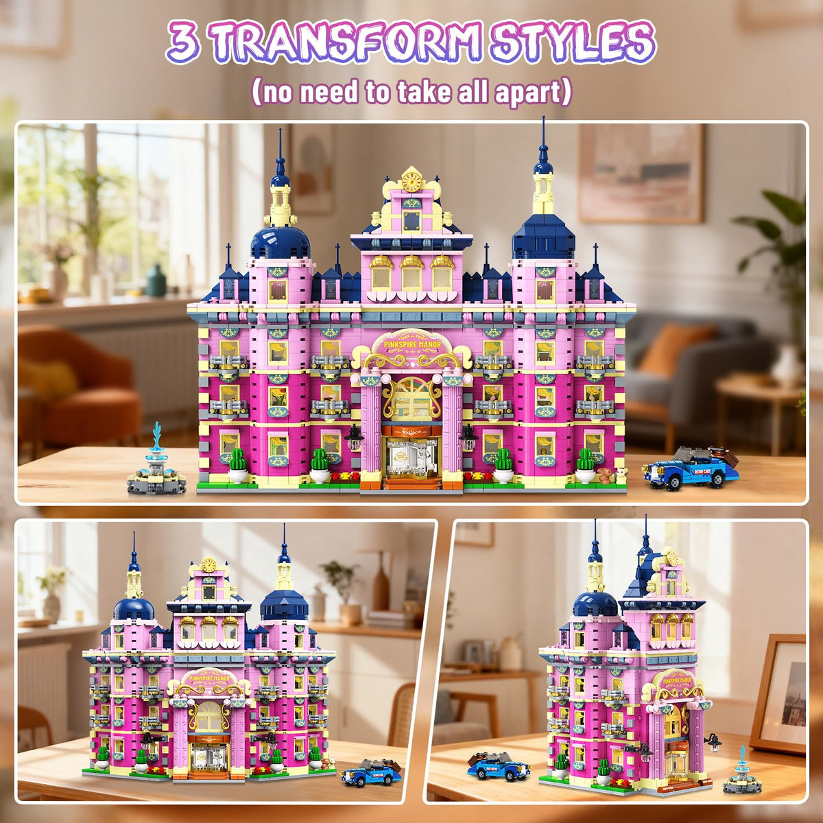 INSOON Pink Estate front with fountain and car—eye-catching entry feature for any room.