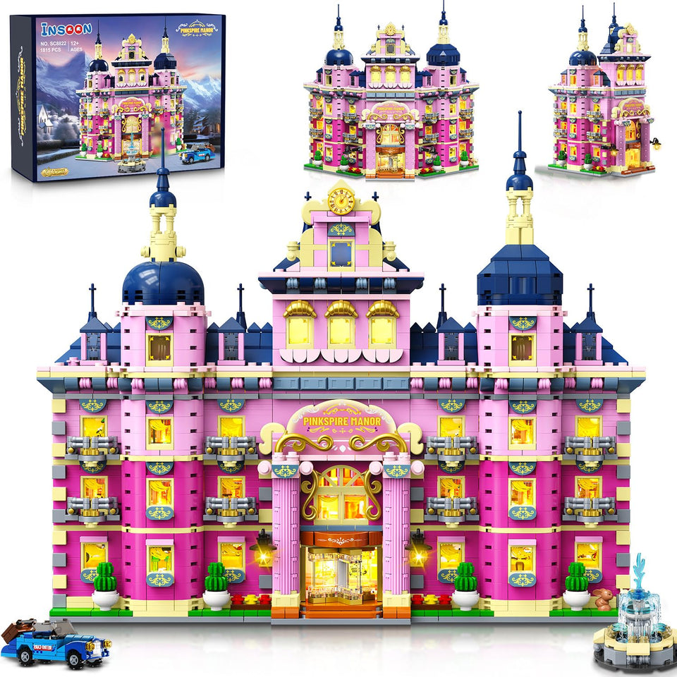 INSOON Pink Estate House with Lights—romantic centerpiece for shelves and displays.