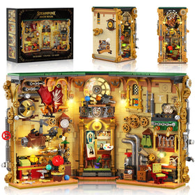 INSOON Steampunk Book Nook open view shows suspended propellers and workbench scene on a shelf