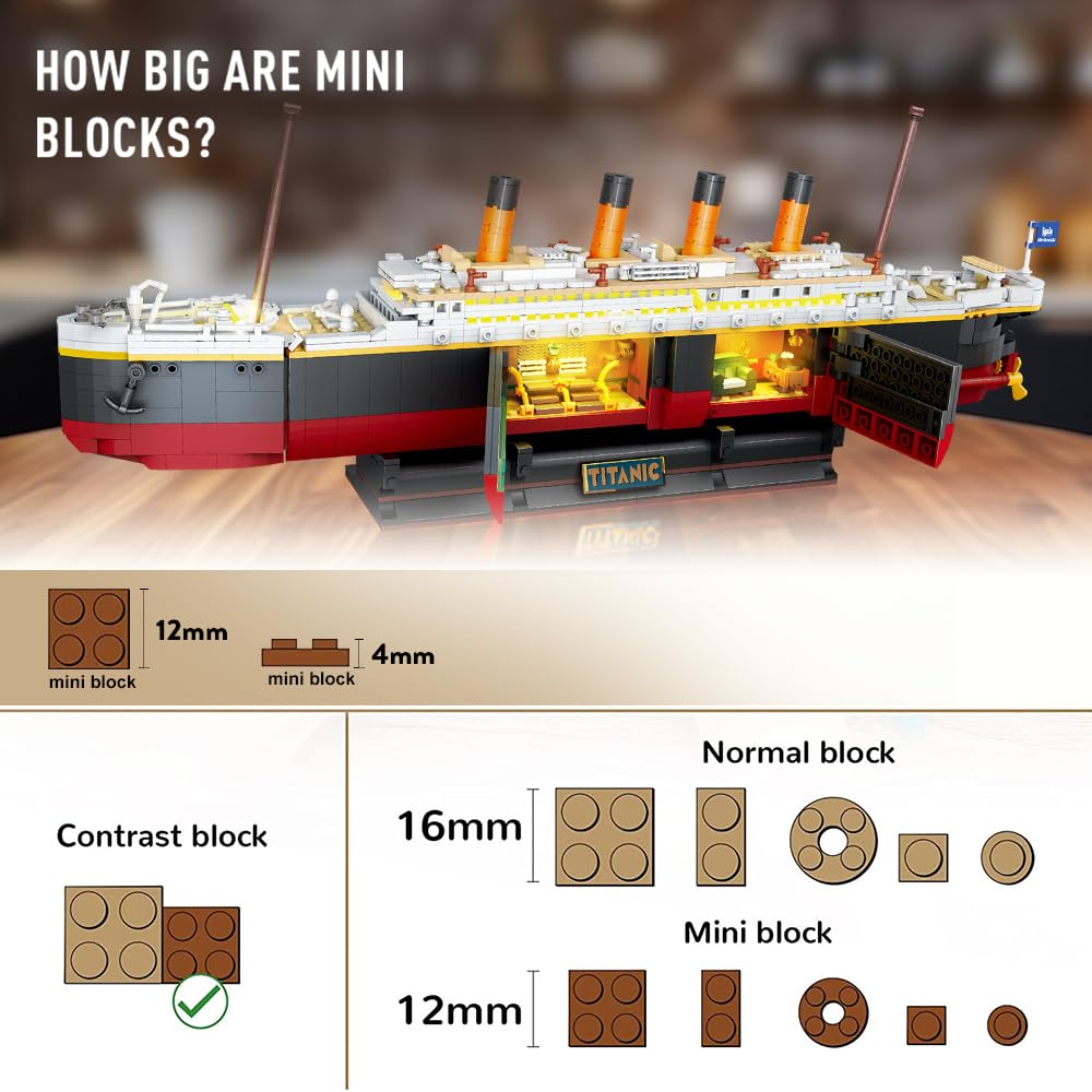 INSOON Titanic Building Set LED windows illuminate the ship's interior.