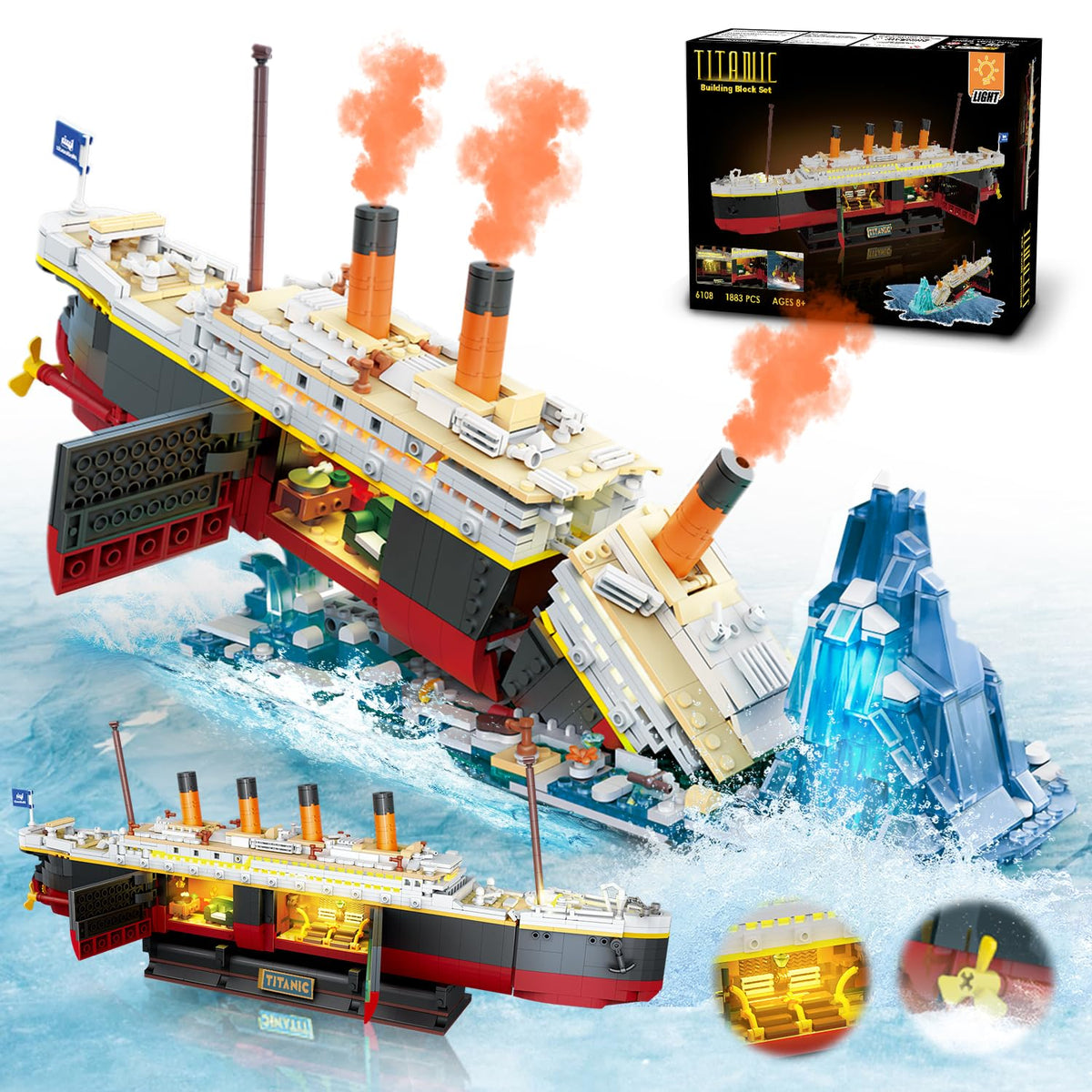 INSOON Titanic Building Set with Light highlights hull detail for display.