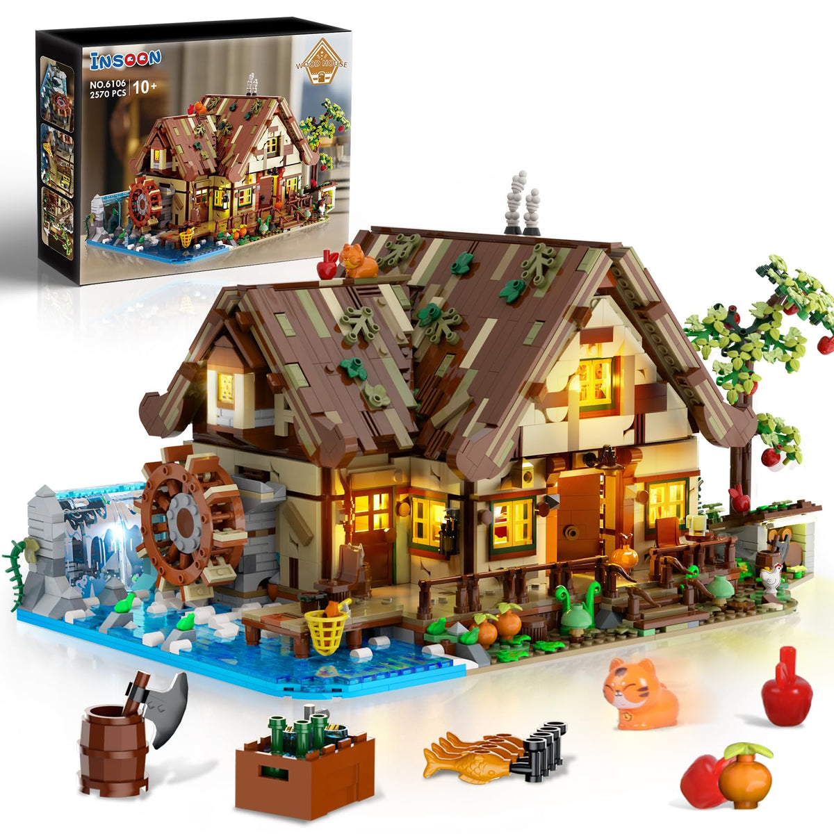 INSOON Wood Cabin with light and pond for immersive imaginative play and cozy display