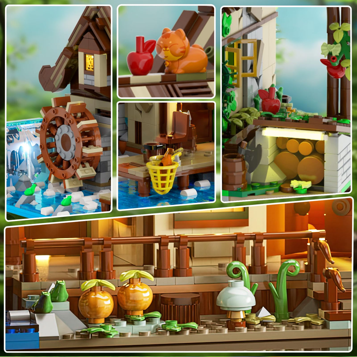 INSOON wood cabin waterwheel and pond add soothing, kinetic visual appeal