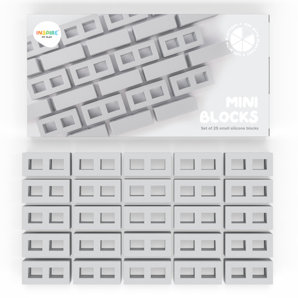 Inspire My Play 25 mini blocks in a sensory bin, encouraging tactile exploration.