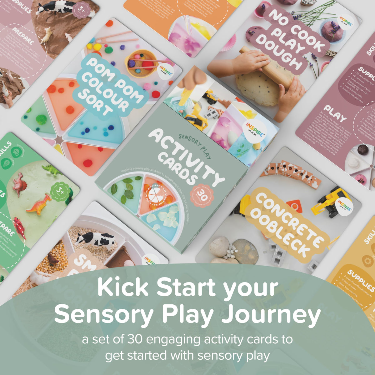 Inspire My Play sensory cards collection shown during a tabletop play session