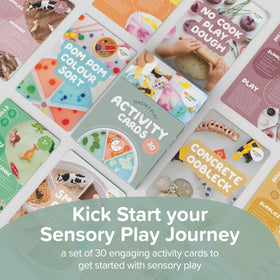 Inspire My Play sensory cards collection shown during a tabletop play session