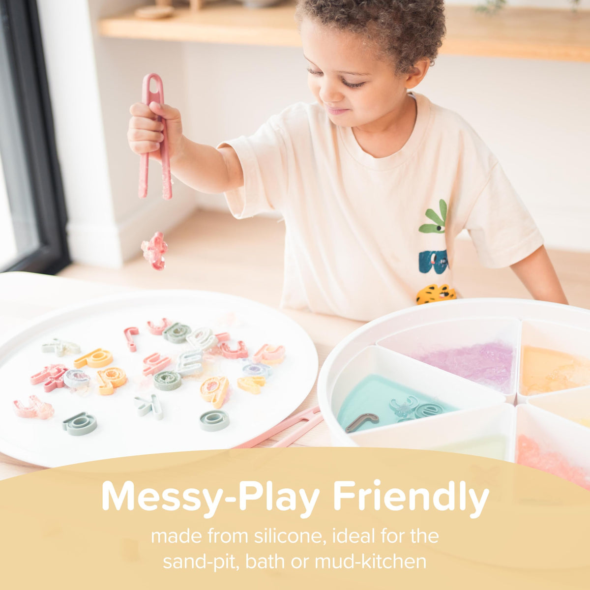 Inspire My Play washable silicone letters for mess-free sensory play and easy cleanup.