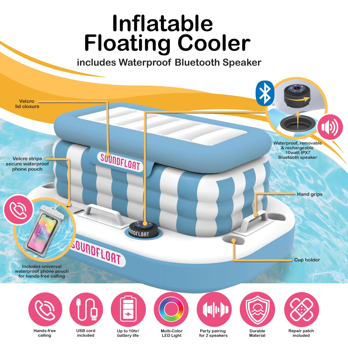 Inspired Living floating cooler with IPX7 speaker for poolside playlists