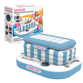 Inspired Living inflatable cooler with lid, a floating pool bar for drinks and music